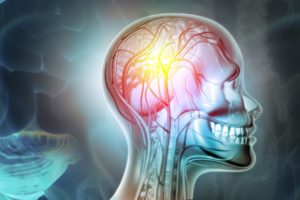 CGI illustration that looks like an x-ray of a human skull with teeth visible and the brain lit up